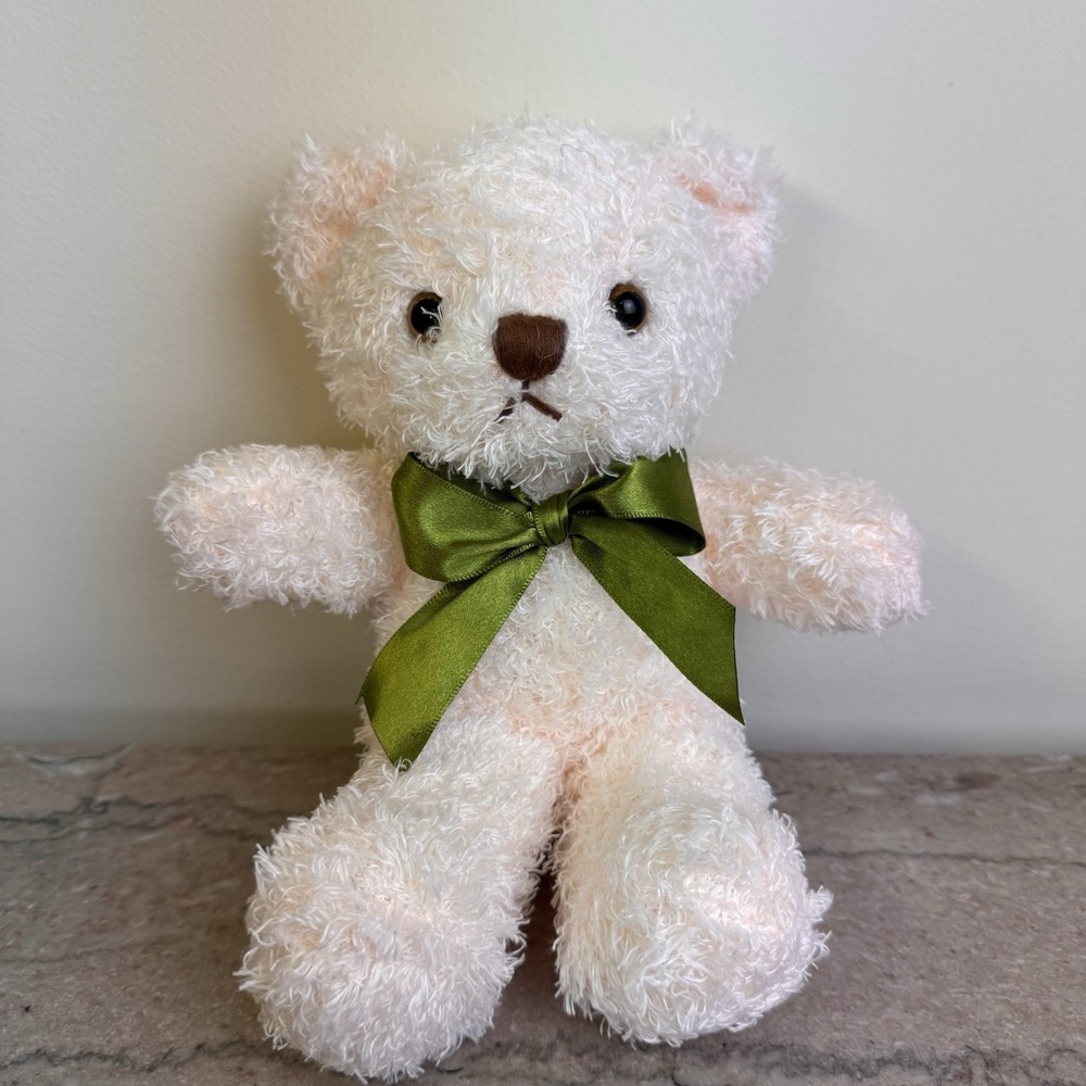 Teddy Bear Stuffed Animal Cream White 9" Tall Green Satin Bow New Fluffuns